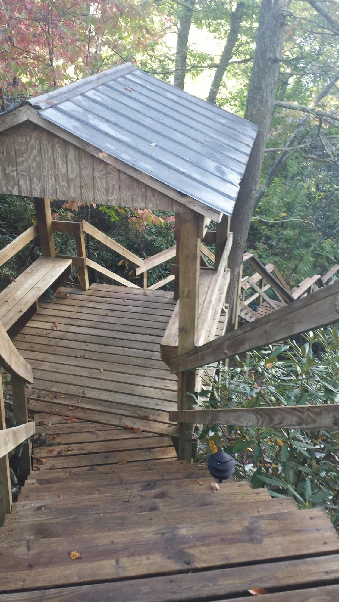 Metal roofed shelter over wooden steps on a wooded walkway — Skylight Repair & Installation work by our crew in Cambridge Springs
